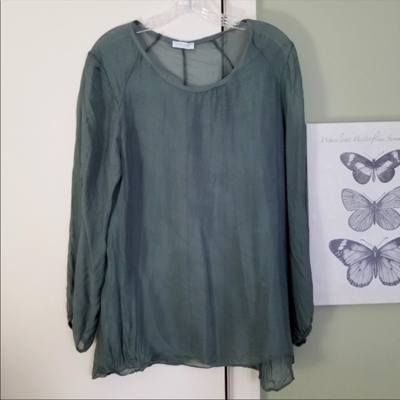 Size S/M - 100% silk long sleeve grey blue silk blouse, made in Italy - Picture 1 of 7